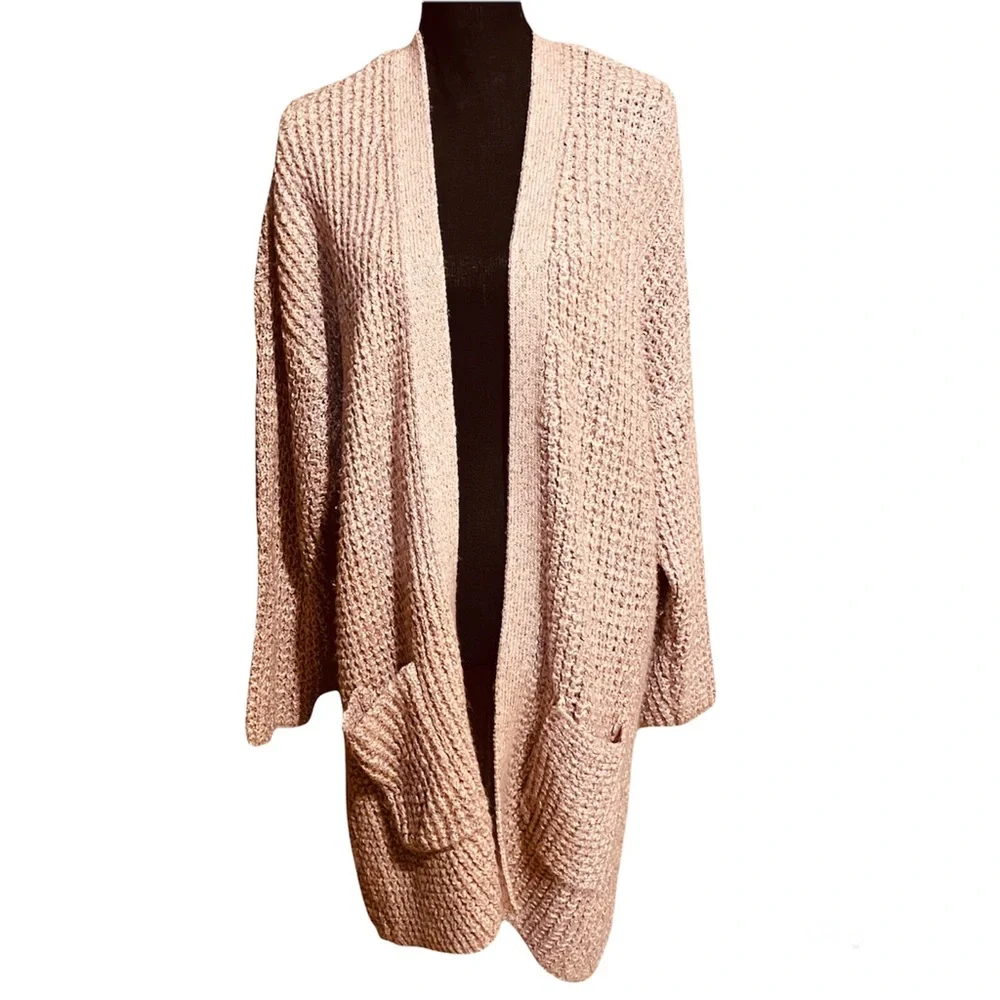 AEO Chunky Knit Long Duster Open Front Dusty Rose Pink Sweater Women's L Large - Picture 1 of 8